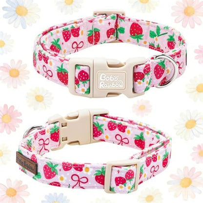 Dog Collars, Spring Red Strawberry Print Cotton Collar Pink Adjustable Light Plastic Buckle Collar with Bow Pet Collar Gift for Medium Dogs