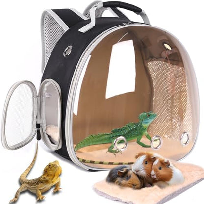 WEVONIGU Bearded Dragon Travel Backpack Carrier with Porlarized Bubble Window for Small Animal,with Soft Warm Mat Set,Guinea Pig Cage for 2,Reptile Bag for Lizards Gecko Hedgehog Rat Parrot Birds