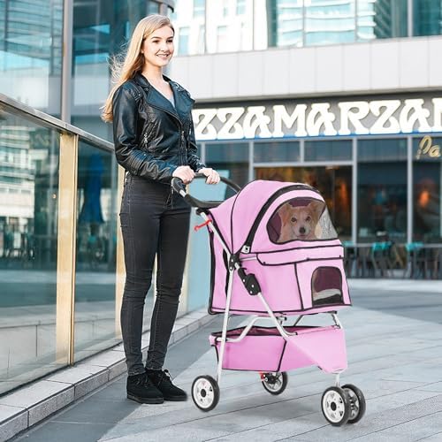 BestPet 3 Wheels Pet Dog Stroller Cat Cage Jogger Stroller Cats Travel Folding Carrier Waterproof with Cup Holder & Removable Liner,Pink