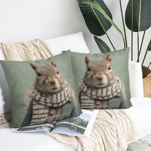 InkRain Winter Animal Cute Squirrel Pillow Cover 14x14 Inch Set of 2 Home Decor Decorative Cotton Linen Illustration Pillowcases for Living Room House Sofa