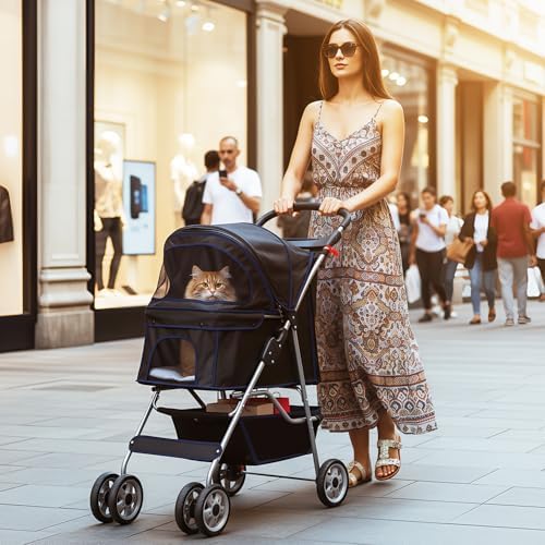 BestOffice Pet Stroller for Small Medium Dogs & Cats, 4-Wheel Foldable Dog Stroller with Cup Holder, Lightweight Travel Carrier, Waterproof Design for Outdoor Walks, Black