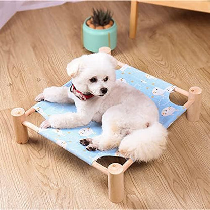 Pozico Cat & Dog Hammock Bed – Wooden Elevated Pet Cot with Breathable Mesh – Raised Cat Bed for Small Pets, Portable Puppy Bed Indoor & Outdoor Use – Blue Rabbit Design