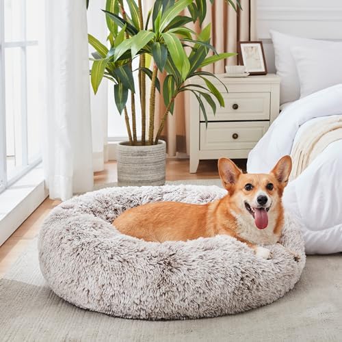 Western Home Calming Donut Medium Dog Bed Washable Pet Bed,30" White Khaki
