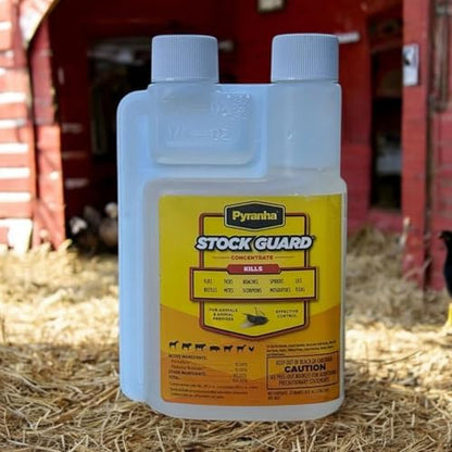 PYRANHA Stock Guard Concentrate - Livestock, Barn, Milk Rooms, Dairies, Poultry & Swine Houses Indoor Fly Control | Repels Flies, Lice, Ticks, Beetles, Mites, Gnats, 8 Oz