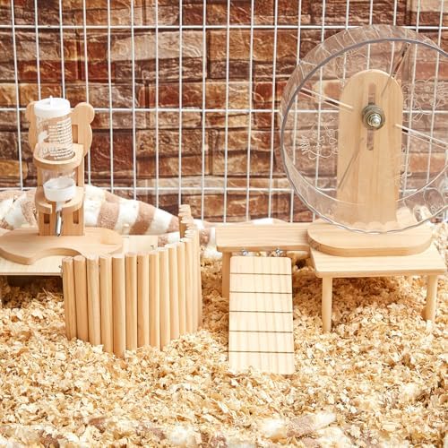 6 Pcs Hamster Toys Set, Maze Wood House, Climbing Ladder Wooden Bridge Tunnel Toy Platform Silent Exercise Running Wheels and Water Bottle Set for Rat Guinea Pig Habitat Cage(Premium)