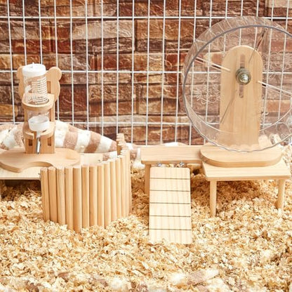 6 Pcs Hamster Toys Set, Maze Wood House, Climbing Ladder Wooden Bridge Tunnel Toy Platform Silent Exercise Running Wheels and Water Bottle Set for Rat Guinea Pig Habitat Cage(Premium)