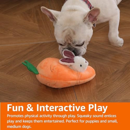 Amazon Basics Interactive Hide and Seek Squeaky Dog Plush Toy with Squeaker for Small Dogs, Rabbit and Carrot, Orange and White, 5-Pack
