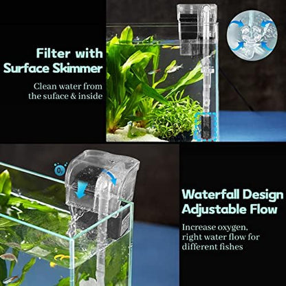 LAQUAL Rimless Glass Aquarium Starter Kit (3 Gal), Ultra Clear Low Iron Glass Fish Tank Set, Small Beta Fish Tank & Filter with Surface Skimmer & 3-Mode LED Light