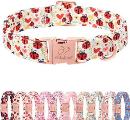 Cute Dog Collar for Puppy Small Dogs - Red Ladybug & Blooms Dog Collars, Adjustable Heavy Duty Pet Collar for Dog Moms & Kids with Metal Buckle XS