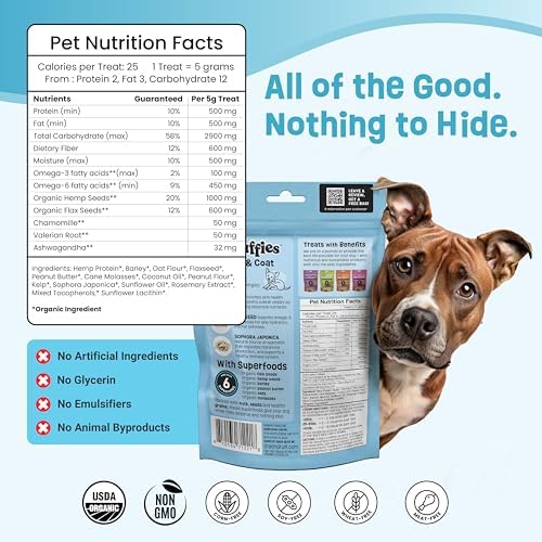 Gruffies Skin & Coat Dog Treats, Peanut Butter Dog Treats with Flaxseed, Kelp & Blueberries, USDA Organic, Non-GMO, Soy-Free, Wheat-Free, Corn-Free, Made in Canada, 6 oz (Pack of 6)