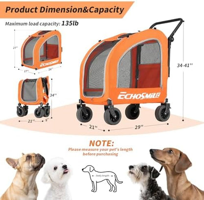 EchoSmile 4-Wheel Pet Stroller for Dogs & Cats, Up to 135 lbs, Orange