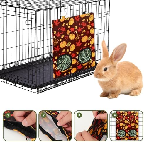 JarThenaAMCS 2 Pcs Fall Rabbit Hay Feeder Bag with 2 Holes 11.5 x 9 Inch Maple Leaves Pumpkin Guinea Pig Hanging Hay Feeding Bag Storage Dispenser for Autumn Hamster Bunny Small Animal Pet
