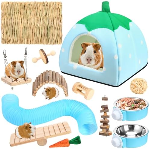 Youyole 13 Pcs Guinea Pig Starter Kit Hamster Toys Bed Guinea Pig Cage Accessories with Tunnel Grass Mats Pet Food Bowl for Christmas Chinchillas Hedgehogs Ferrets Rabbit Hideout Essentials(Blue)