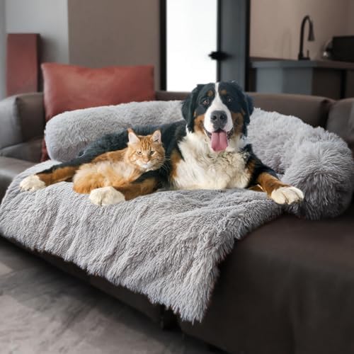 Calming Dogs/Cats Bed Mats, Dog Pad Washable Removable Couch Cover, Plush Long Fur Mat for Pets, Waterproof, Perfect for Small, Medium and Large Dogs and Cats (Light Gray, 59"x39"x 6.0")