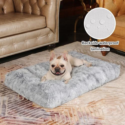 Bedfolks Waterproof Dog Crate Bed With Removable Washable Cover, Plush Faux Fur Pad for Large Dogs, Fluffy Kennel Bed 35"x23", Dark Grey