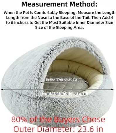 2-in-1 Convertible Cat & Dog Bed Cave with Removable Zipper Hood, Converts to Calming Donut Bed, Reversible Plush & Cooling Ice Silk Cushion (Grey, 23.6 in Medium Size)