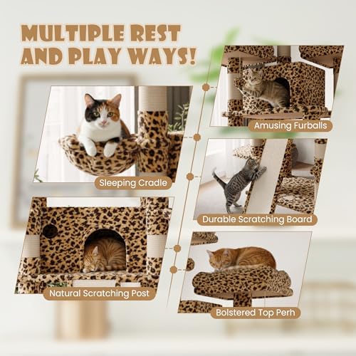 SHA CERLIN 81 Inches Extra Large Cat Tree for Indoor Adult Cats/XXL Big Cat Tower with Condo/Cozy Perches/Sisal Scratching Posts and Hammocks/Activity Center/F80/Heavy Duty/Leopard Print