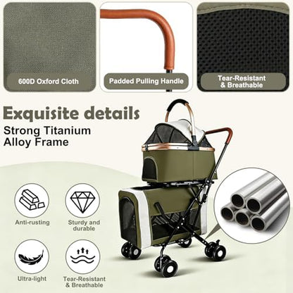 Double Pet Stroller for Dogs and Cats: Dog Stroller Foldable Travel Carriage with Detachable Carriers, Safety Belts, and 4 Lockable Wheels for Small to Medium Pets – Ideal for Multi-Pet Homes (Green)