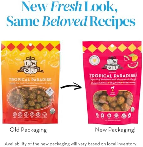 Lord Jameson Tropical Paradise Soft & Chewy Certified Organic Dog Treats for Small Breeds - Watermelon & Fiber-Packed Mango - No-Bake Recipe, Gluten & Preservative-Free - Made In USA - 3 oz