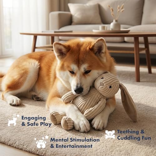 Petlou Soft Corduroy Rabbit Dog and Cat Toys with Multi-Squeaks and Crinkle Paper.15-Inch Creamy White Colour