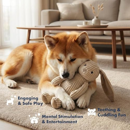 Petlou Soft Corduroy Rabbit Dog and Cat Toys with Multi-Squeaks and Crinkle Paper.15-Inch Creamy White Colour