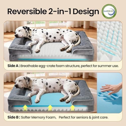 OhGeni Orthopedic Jumbo Sized Dog Bed Couch, Memory Foam, 52-inch (Gray)