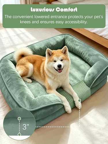Spotted Play Orthopedic Dog Bed with Sides - Sofa Beds for Extra Large Dogs, Supportive Foam Pet Couch Bed with Washable Removable Cover, Waterproof Lining and Non-Slip Bottom, Green - XL-Plus