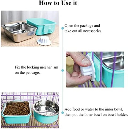 Dog Crate Bowl, Hanging Stainless Steel Removable Pet Crate Water & Food Bowls, Pet Cage Feeder Container Coop Cup for Cat Puppy Birds Rats Guinea Pigs Rabbit Hamster (2PCS)