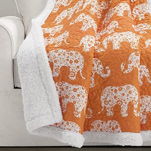 Lush Decor Elephant Parade Sherpa Throw Blanket 50" W x 60" L, Orange - Elephant Blanket for Kids - Plush Throw Blankets for Bed - Couch Blankets