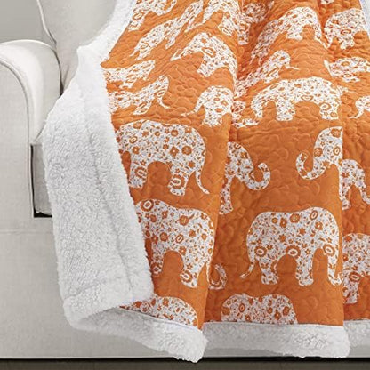 Lush Decor Elephant Parade Sherpa Throw Blanket 50" W x 60" L, Orange - Elephant Blanket for Kids - Plush Throw Blankets for Bed - Couch Blankets