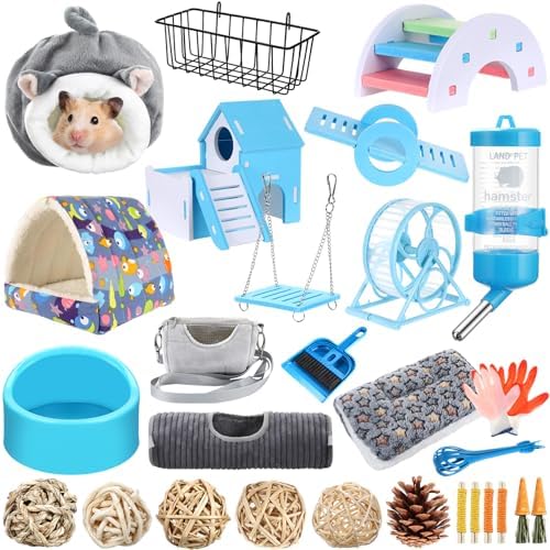 Teenyyou 24 Pcs Small Guinea Pig Starter Kit Essentials for Hamster Cage Accessories Toys House Bed Cage Cleaner Food Bowl Water Holder Carrier Bag Teething Toys Liner Tunnel for Beginner(Blue)