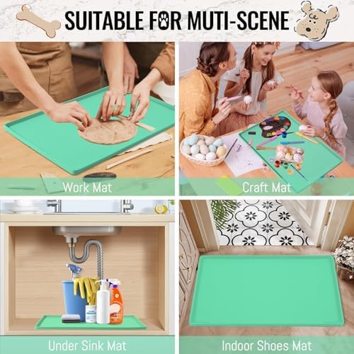 MateeyLife Dog & Cat Food Mat - Waterproof, Nonslip, Raised Edges, Silicone Tray for Messy Drinkers, 24"x16", Mint Green