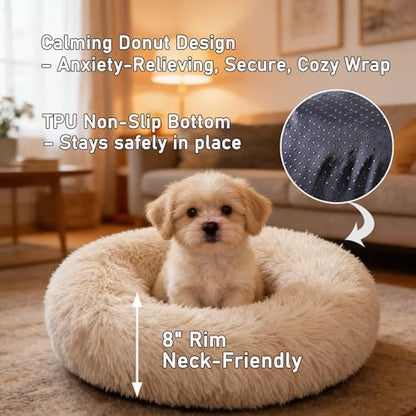 Calming Donut Dog Beds for Small Dogs Cats - Washable Removable Cover Non-Slip Bottom, Round Pet Bed Puppy Bed Warming Fluffy Faux Fur Anti-Anxiety, Fits up to 25 lbs (Beige, 23")
