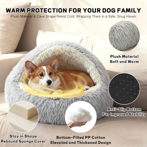 SUOXU 2-in-1 Dog Bed: Upgraded Aluminum Rim Support & Non Slip Bottom - Cozy Cave + Blanket for Large Medium Dogs Under 20 kg (44 lbs) | Plush Self-Heating for Border Collie, Labs