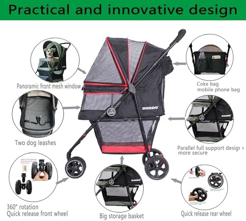 ROODO Escort 3 Wheel Dog Cat Pet Stroller for Small/Medium Dogs Cats Best Lightweight Foldable Portable Compact Jogger Travel All Terrain Pet Gear System Puppy Doggie Bunny Kitty Stroller(Black)