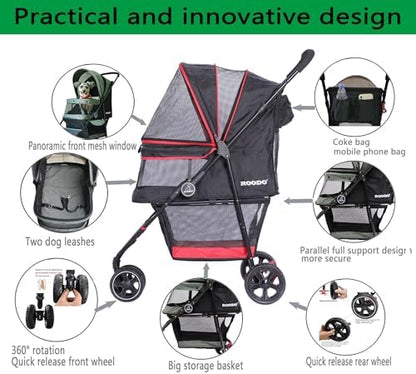 ROODO Escort 3 Wheel Dog Cat Pet Stroller for Small/Medium Dogs Cats Best Lightweight Foldable Portable Compact Jogger Travel All Terrain Pet Gear System Puppy Doggie Bunny Kitty Stroller(Black)