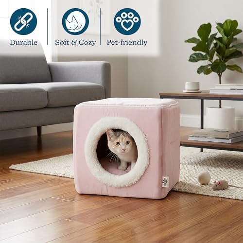 Cat House - Indoor Bed with Removable Foam Cushion - Cat Cave for Puppies, Rabbits, Guinea Pigs, Hedgehogs, and Other Small Animals by PETMAKER (Pink)