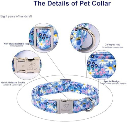 Floral Dog Collar, Cute Blue Wildflowers Dog Collars - Soft Adjustable Spring Summer Everyday Collars for Small Medium Large Dogs, Cottagecore Bloom Dogs Collar S
