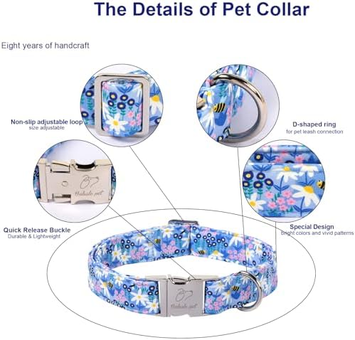 Floral Dog Collar, Cute Blue Wildflowers Dog Collars - Soft Adjustable Spring Summer Everyday Collars for Small Medium Large Dogs, Cottagecore Bloom Dogs Collar L