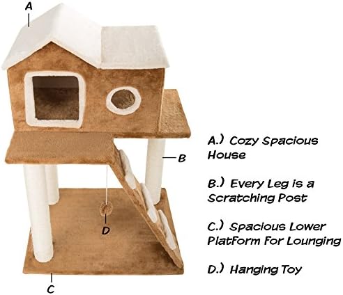 35in Cat Tree with Climb-Up Ladder, Cat Condo, 3 Sisal Rope Cat Scratching Posts, and Hanging Toy - Cat Tower for Indoor Cats by PETMAKER (Brown)