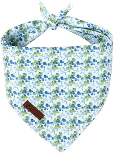 Blueberry Dog Bandana, Spring Summer Blueberry with Bowtie Puppy Bandana for Girl Female Dogs, Soft Cotton Pet Triangle Bid Scarf Kerchief for Girl Boy Dogs or Cats