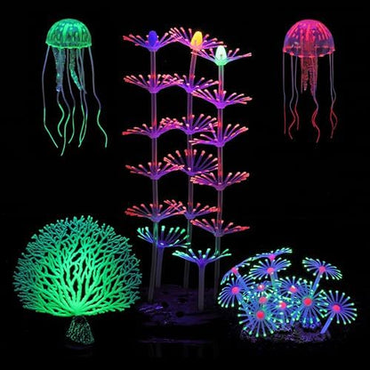 Lpraer 5 Packs Glow Aquarium Decorations Branch Coral Tree Glowing Jellyfish Simulation Glow Plant Glowing Effect Silicone for Fish Tank Decorations