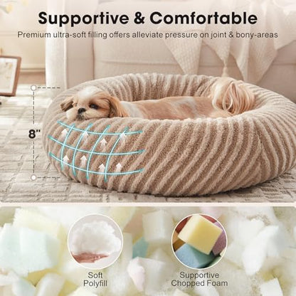 MIXJOY Dog Beds for Small Dogs Cats, Washable Small Dog Bed with Removable Cover, Donut Cat Bed for Indoor Cats, Calming Fluffy Round Pet Beds with Anti Slip Bottom, Cute Puppy Beds, 23"x23"x8", Beige