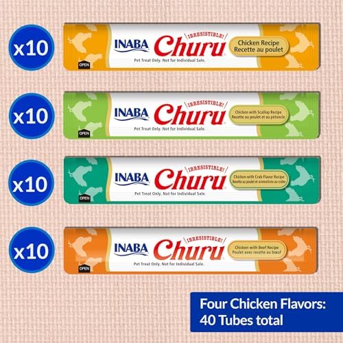 INABA Churu Cat Treats, Lickable, Squeezable Creamy Purée Cat Treat with Green Tea Extract & Taurine, 0.5 Ounces Each Tube, 40 Tubes, Chicken Variety Box