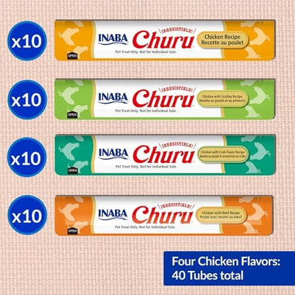 INABA Churu Cat Treats, Lickable, Squeezable Creamy Purée Cat Treat with Green Tea Extract & Taurine, 0.5 Ounces Each Tube, 40 Tubes, Chicken Variety Box
