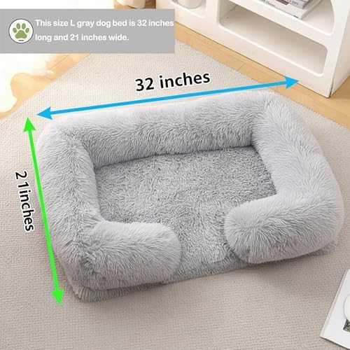 Orthopedic Dog Bed for Large Dogs - Washable Memory Foam Pet Sofa, Fluffy Plush Rectangular Bed, Waterproof Anti-Anxiety Couch, Light Gray, L
