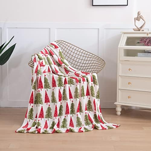 Elegant Comfort Luxury Velvet Super Soft Christmas Prints Fleece Blanket-Holiday Theme Home Décor Fuzzy Warm and Cozy Throws for Winter Bedding, Couch and Gift, 50 x 60 inch, Ivory Christmas Tree