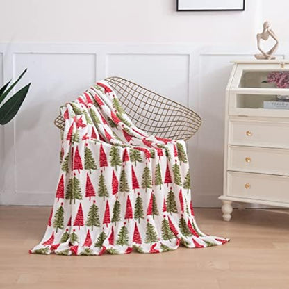 Elegant Comfort Luxury Velvet Super Soft Christmas Prints Fleece Blanket-Holiday Theme Home Décor Fuzzy Warm and Cozy Throws for Winter Bedding, Couch and Gift, 50 x 60 inch, Ivory Christmas Tree