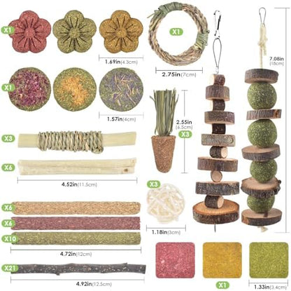 ERKOON 70PCS Rabbit Chew Toys, Natural Timothy Grass Cakes Guinea Pig Toys, Small Animal Teeth Grinding Treats for Bunny Hamster Chinchilla, Safe Dental Care Snacks