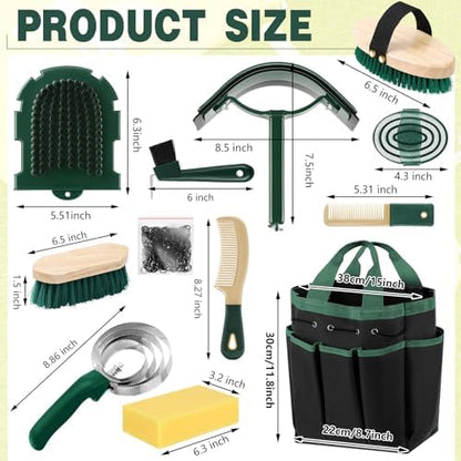 Abbylike 12 Piece Horse Grooming Kit with Organizer Tote Bag Brush Sets for Derby Day Show Horses Professional Tools for Care & Massage(Khaki and Green)